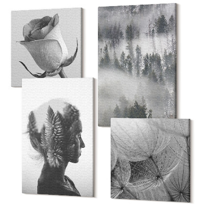 Sada obrazů kvadryptych Melancholický les v mlze portrét ženy rostlin