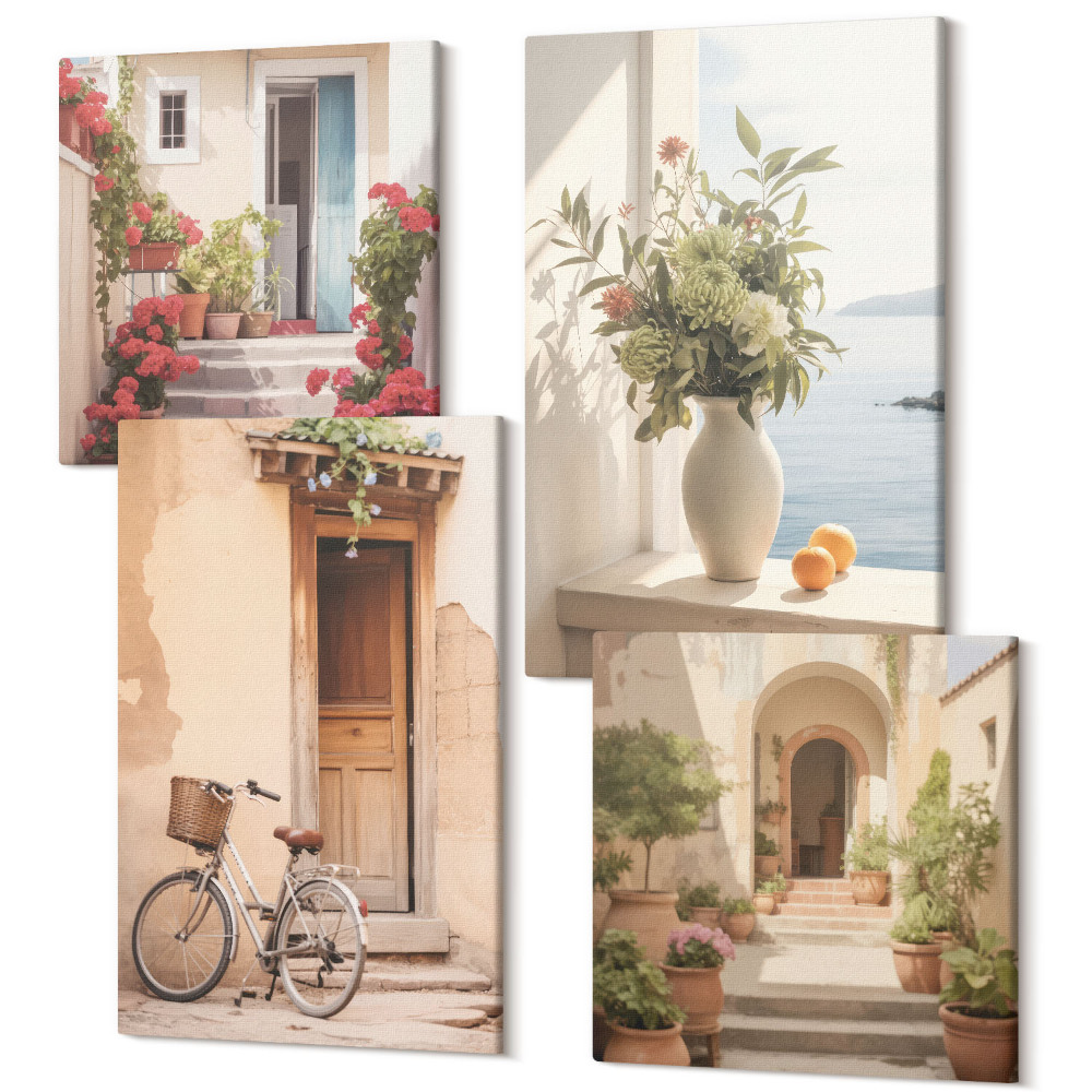 Sada 4 obrazů Okouzlující přímořské uličky s květinami a jízdními koly