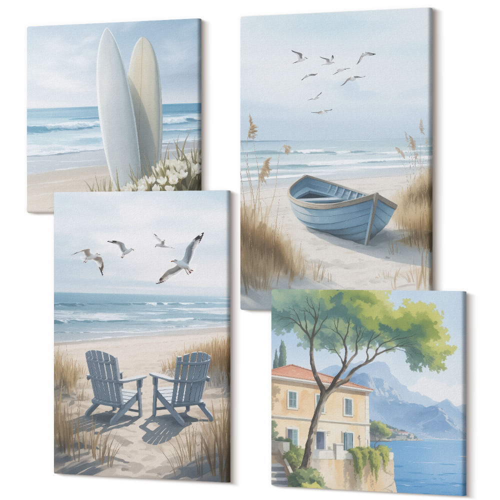 Sada obrazů na zeď kvadryptych Pláž se surfy, čluny a ptáky