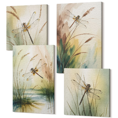 Sada obrazů kvadryptych Vážky mezi trávou u vody v malířském stylu