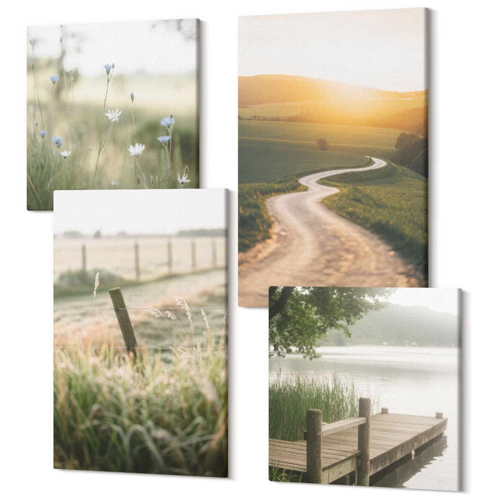 Sada obrazů na zeď kvadryptych Krajina s loukou, silnicí a západem slunce
