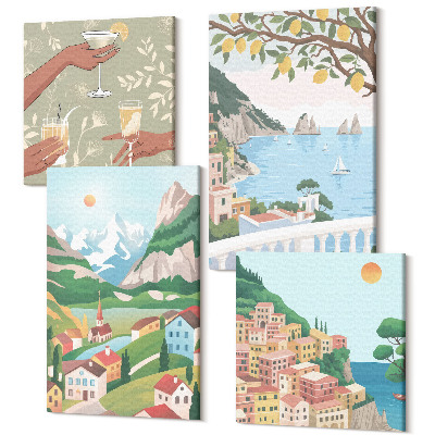 Sada 4 obrazů Výhled na moře s pastelově zbarvenými domy