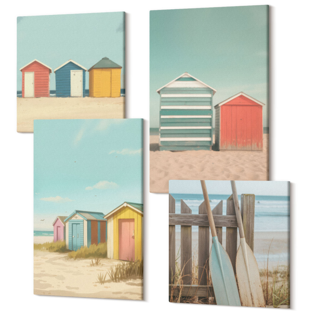 Sada 4 obrazů Barevné plážové domy v letním slunci