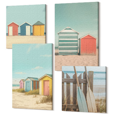 Sada 4 obrazů Barevné plážové domy v letním slunci