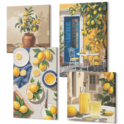 Sada obrazů kvadryptych Citronová zahrada s citrony a nápoje na stole