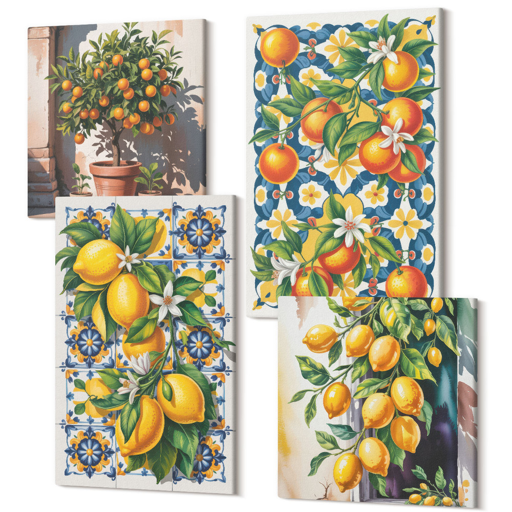 Sada 4 obrazů Citrusové a barevné abstraktní vzory plakáty