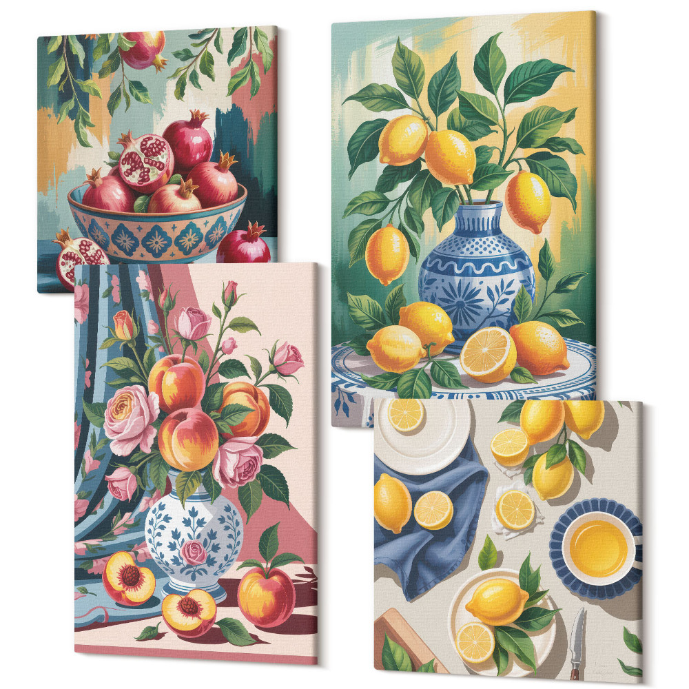 Sada 4 obrazů Malované květiny a ovoce ve vázách