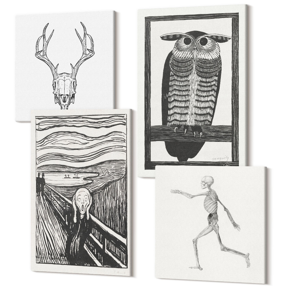 Sada obrazů na zeď kvadryptych Inspirováno obrázkem Scream s lebkou a sovou v grafickém stylu