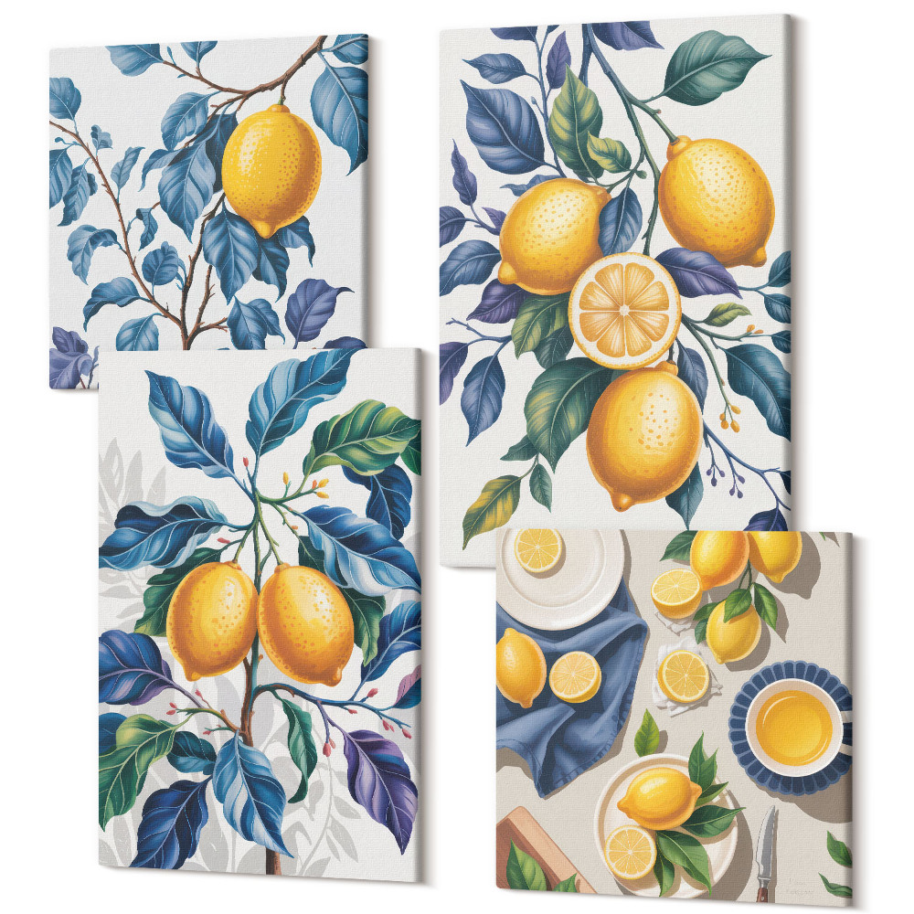 Sada obrazů kvadryptych Citrony na větvích s modrými listy