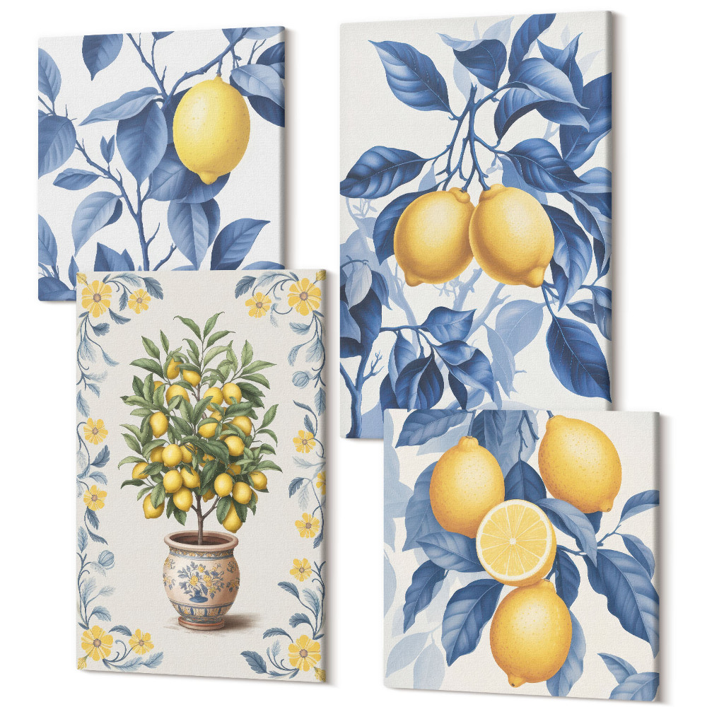 Sada obrazů na zeď kvadryptych Citrony na větvích s modrými listy na stromě