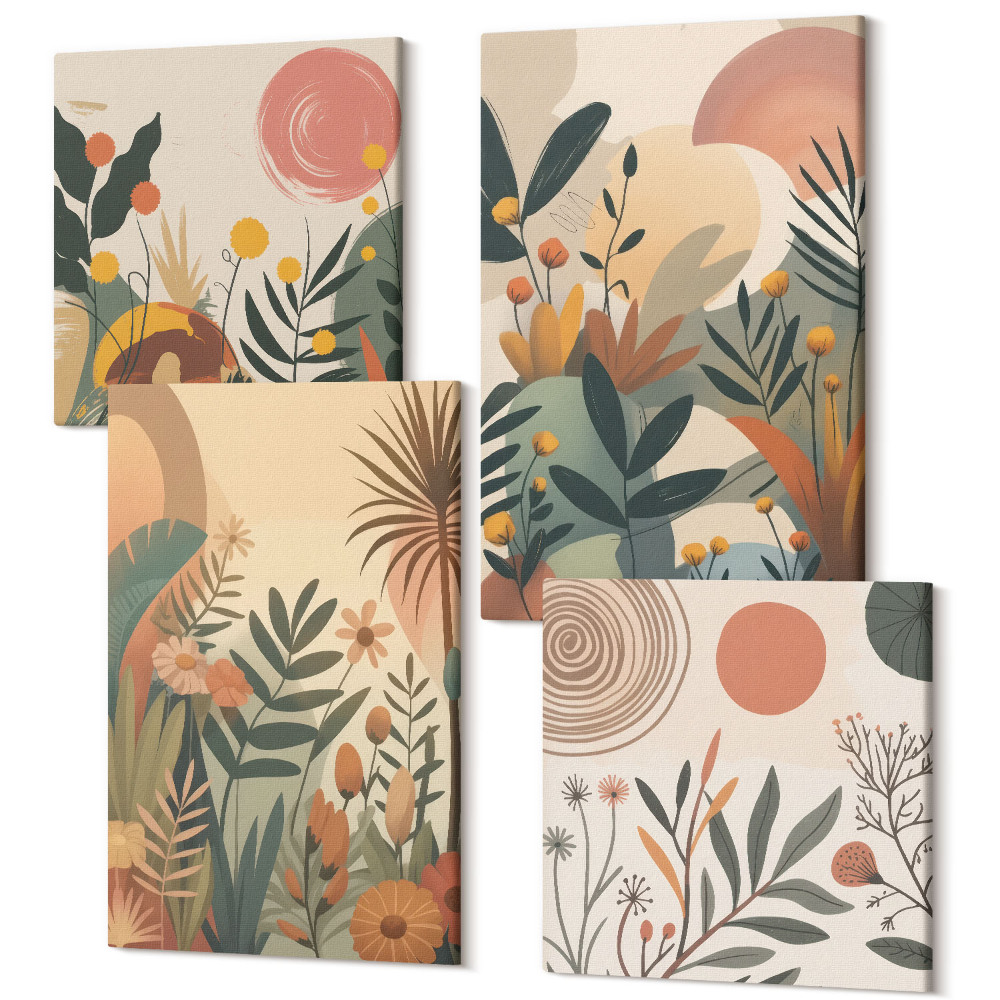 Sada 4 obrazů Rostlinné motivy v tlumených barvách s kruhy