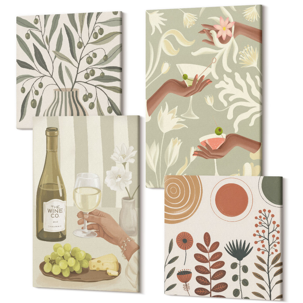 Sada obrazů kvadryptych Olivové květy a rustikální koktejly