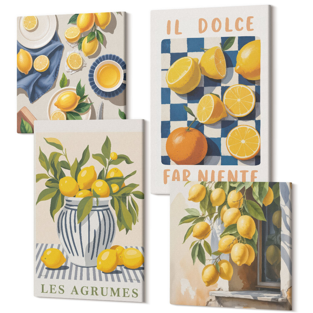 Sada obrazů na zeď kvadryptych Retro citrusové plody se žlutými akcenty