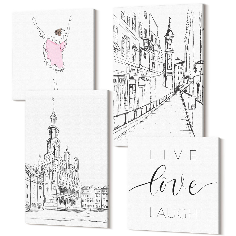 Sada obrazů kvadryptych Stylové obrazy s tančící baletkou a láskou k architektuře