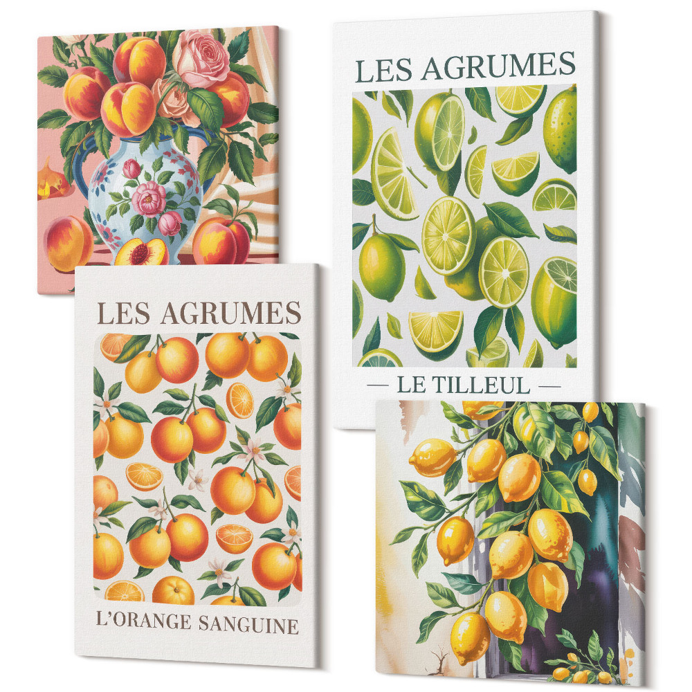 Sada obrazů na zeď kvadryptych Citrusové plody v různých barevných a svěžích verzích