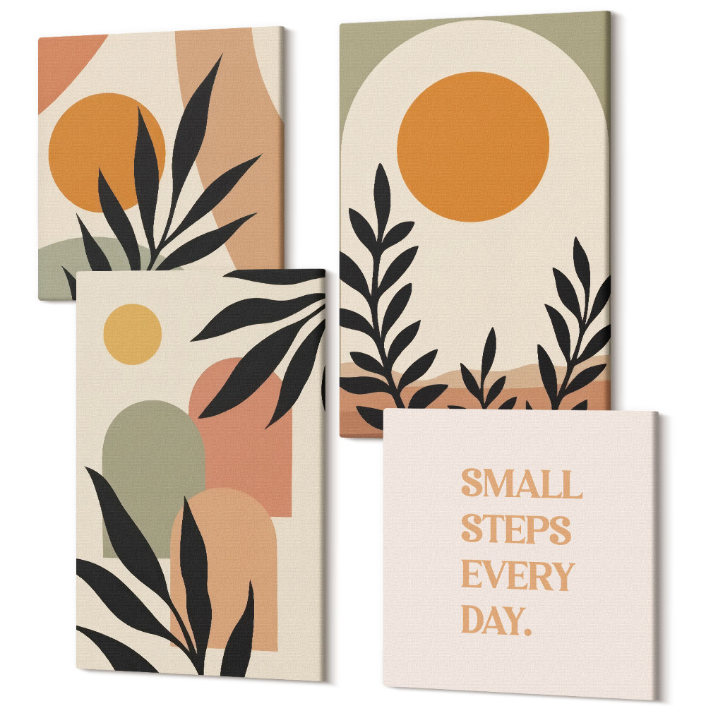 Sada obrazů kvadryptych Abstraktní tvary a rostlinné motivy v teplých barvách