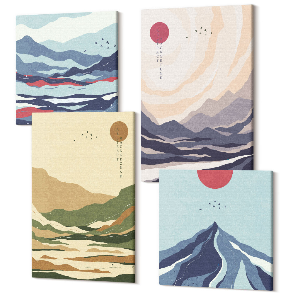 Sada 4 obrazů Hory v pastelových barvách stylu japandi