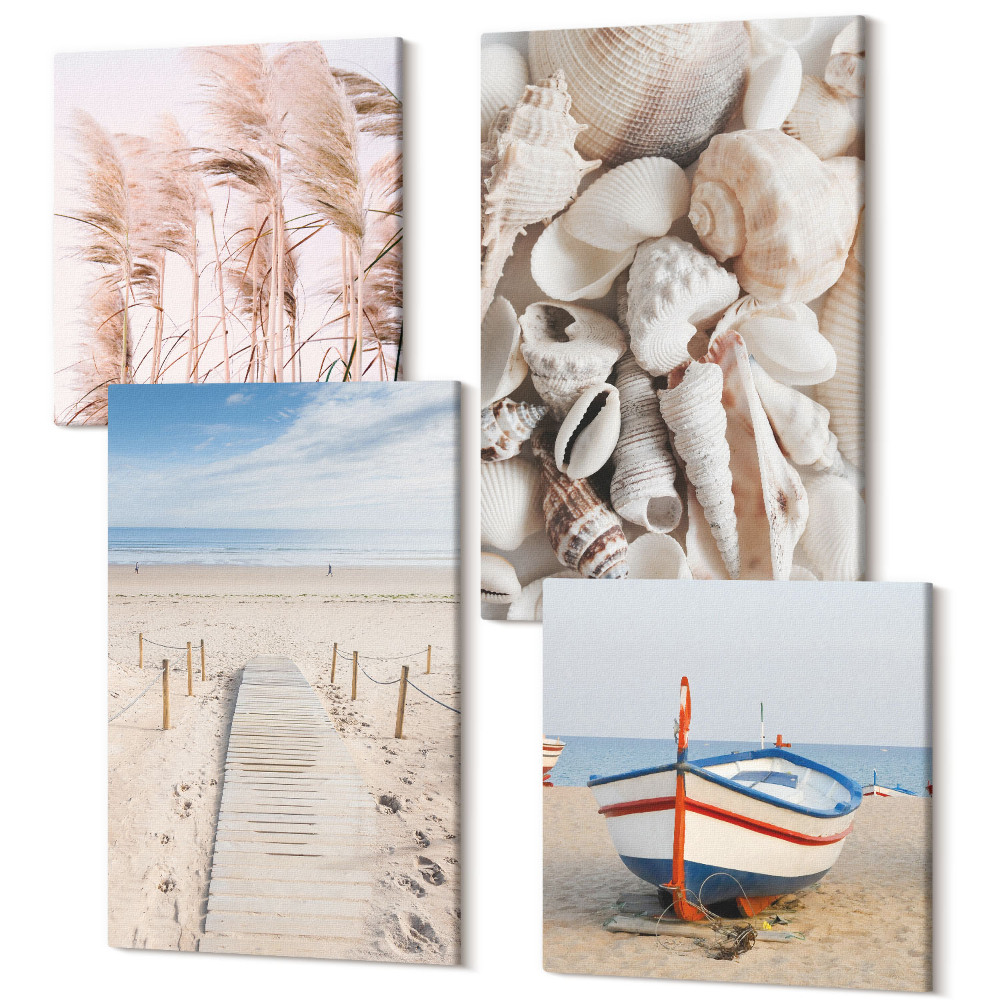 Sada obrazů na zeď kvadryptych Písečná pláž člun skořápky trávy boho