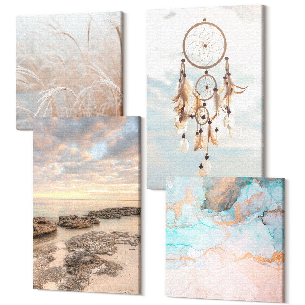 Sada 4 obrazů Výhled na moře s mraky, lapač snů a trávou