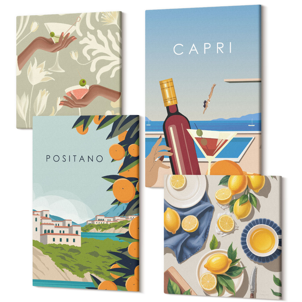 Sada 4 obrazů Pohledy na dovolenou italské citrony Positano a Capri