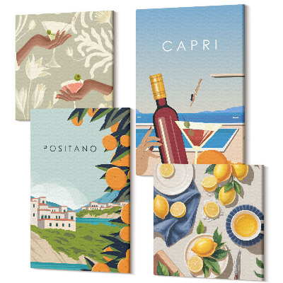 Sada 4 obrazů Pohledy na dovolenou italské citrony Positano a Capri