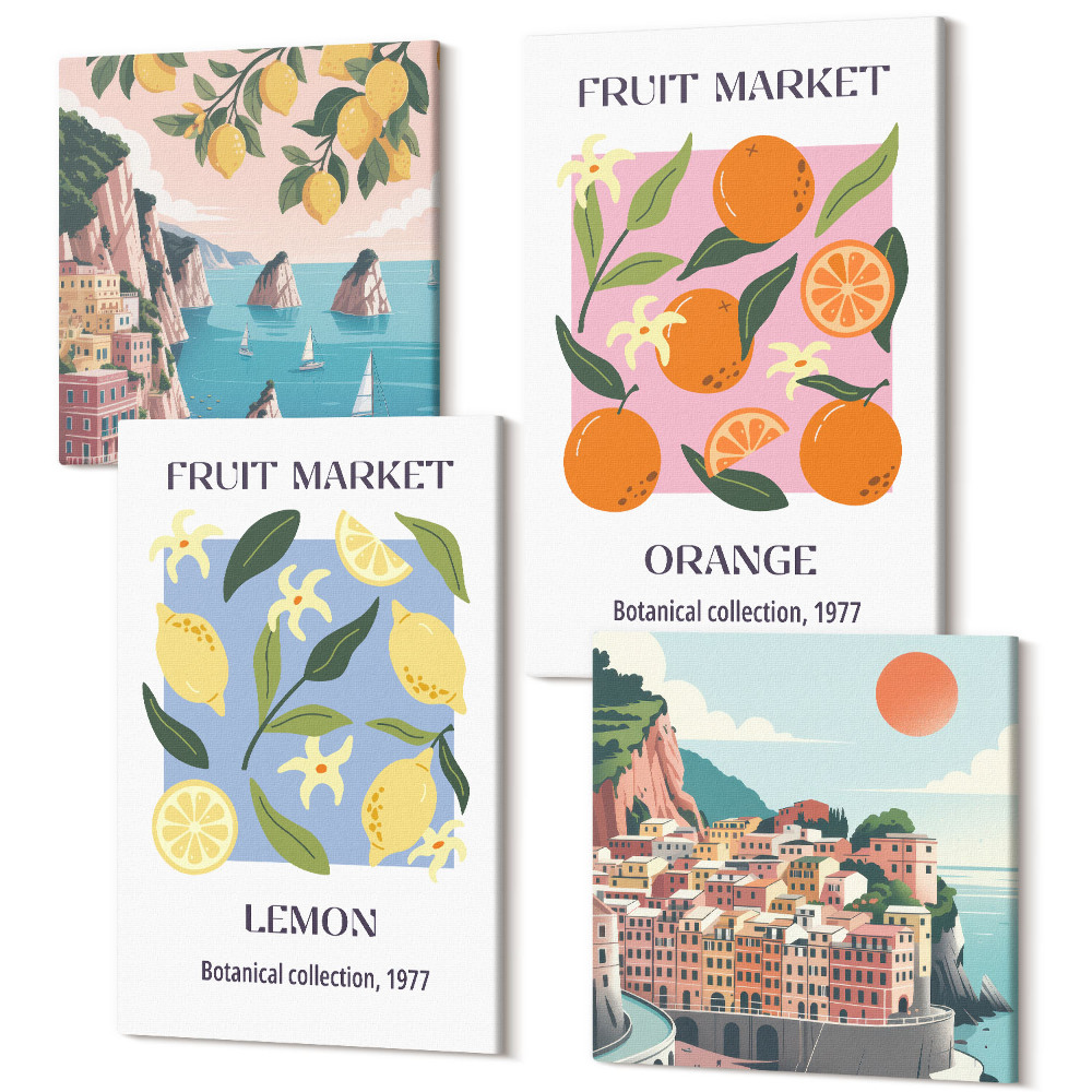 Sada obrazů kvadryptych Ovocné plakáty s citrony, pomeranči a italskými pohledy