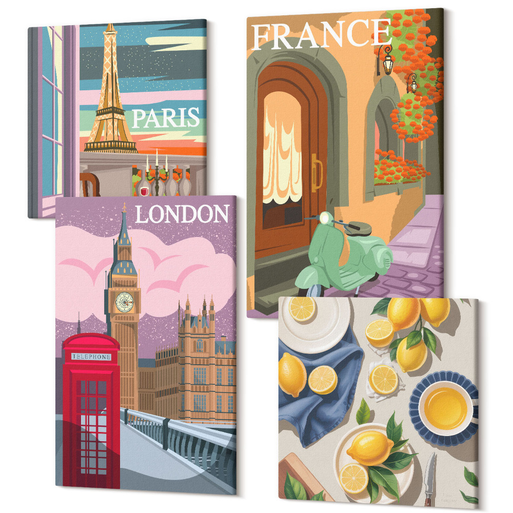 Sada obrazů na zeď kvadryptych Panoráma měst Paříže, Londýna a citronů Francie