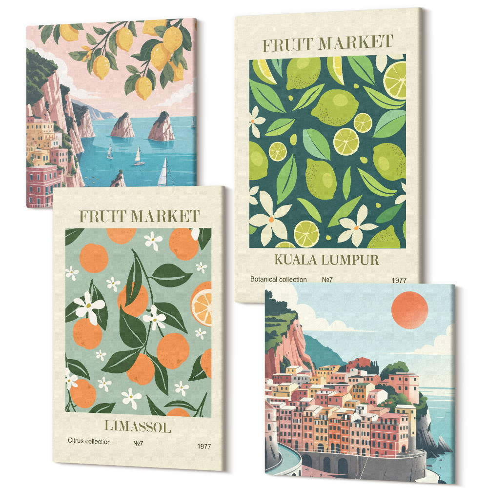 Sada 4 obrazů Ovocné vzory vintage plakáty