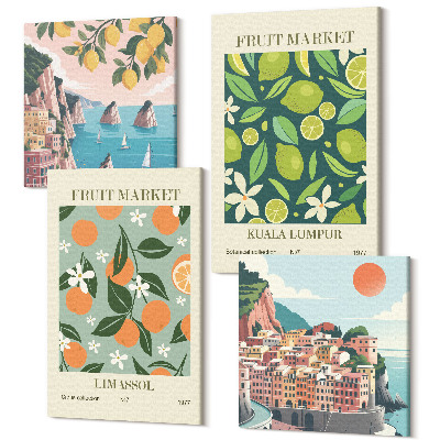 Sada 4 obrazů Ovocné vzory vintage plakáty