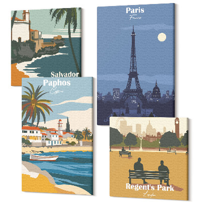 Sada 4 obrazů Pohledy na pobřežní města a jejich architekturu