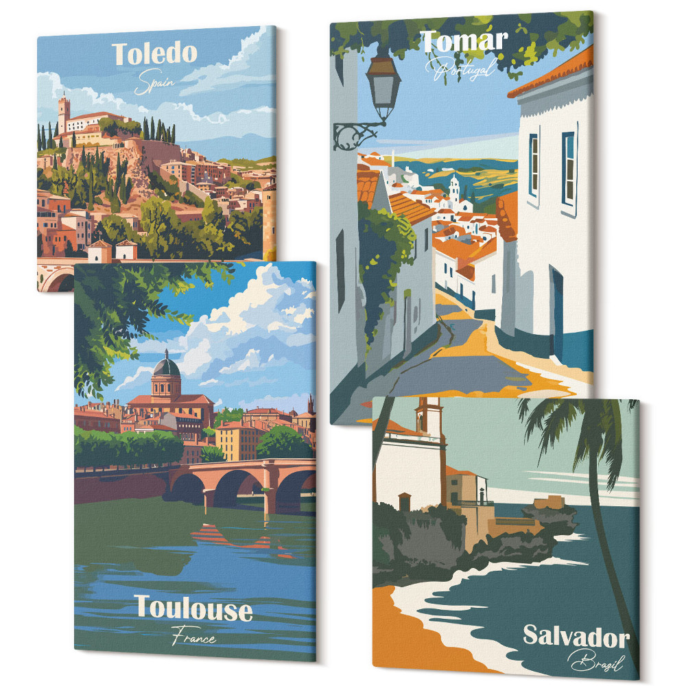 Sada obrazů na zeď kvadryptych Grafika slavných měst v retro stylu