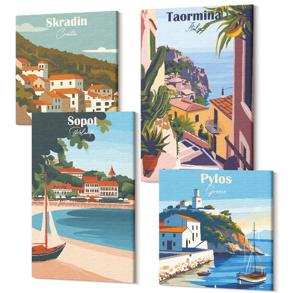 Sada obrazů kvadryptych Stylové ilustrace s výhledem na moře