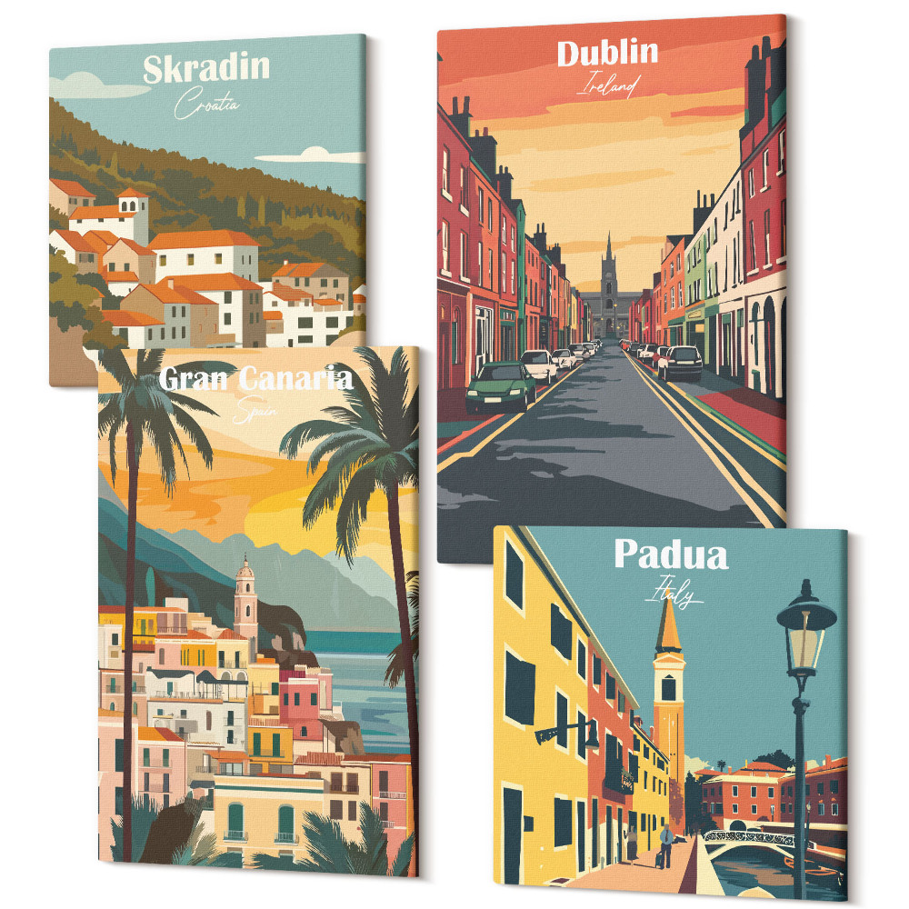 Sada 4 obrazů Krajiny měst a přírody v teplých barvách