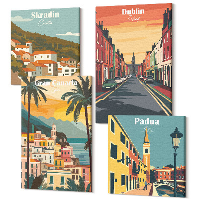 Sada 4 obrazů Krajiny měst a přírody v teplých barvách