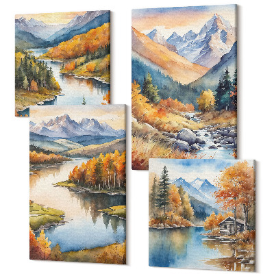 Sada 4 obrazů Výhled na hory s řekou a podzimními stromy