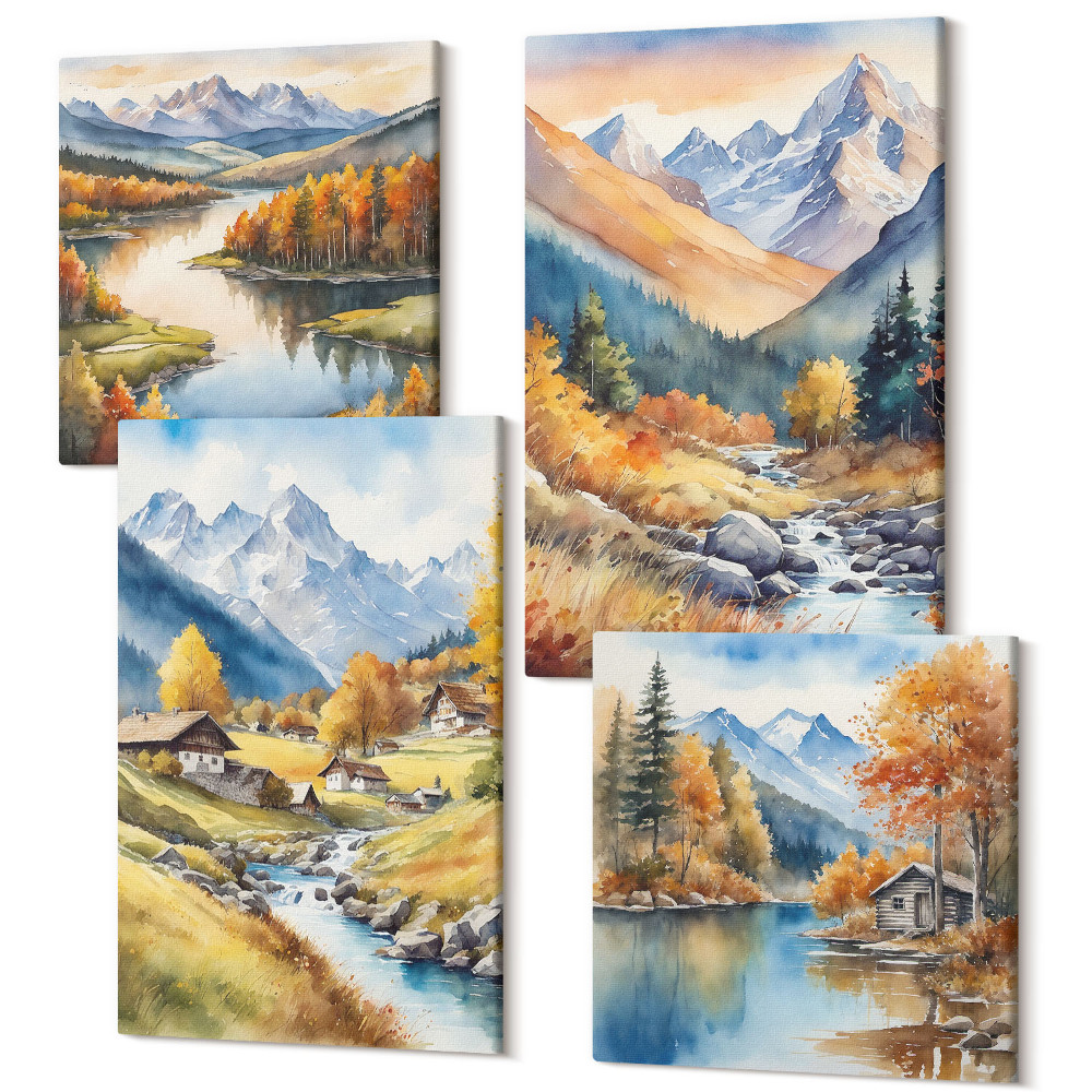 Sada obrazů na zeď kvadryptych Podzimní krajiny přírody v malebném stylu