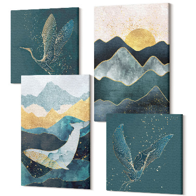 Sada 4 obrazů Abstraktní horské krajiny s létajícími jeřáby