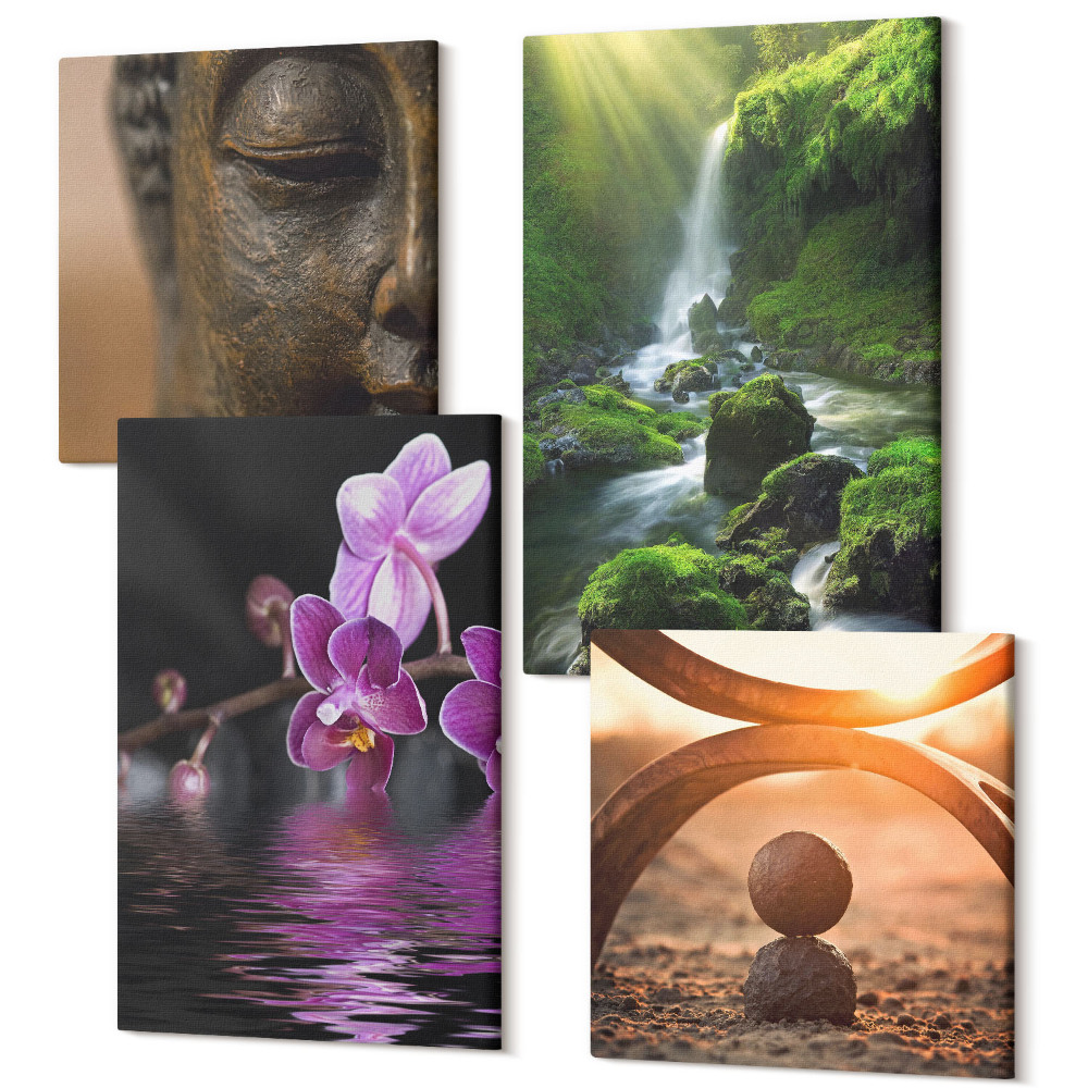 Sada obrazů na zeď kvadryptych Květiny ve vodopádu se zelenými kameny Buddha