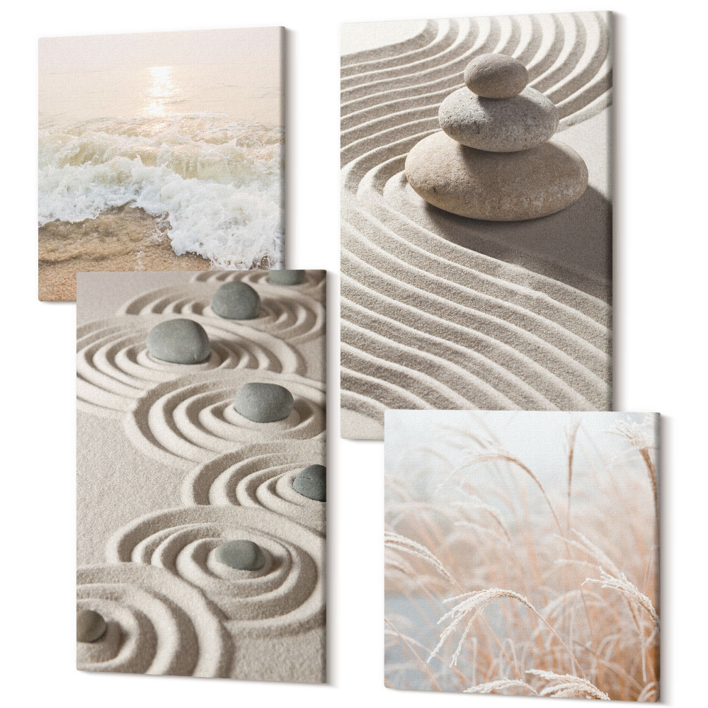 Sada 4 obrazů Klidné vlny písku a vody s kameny na pláži