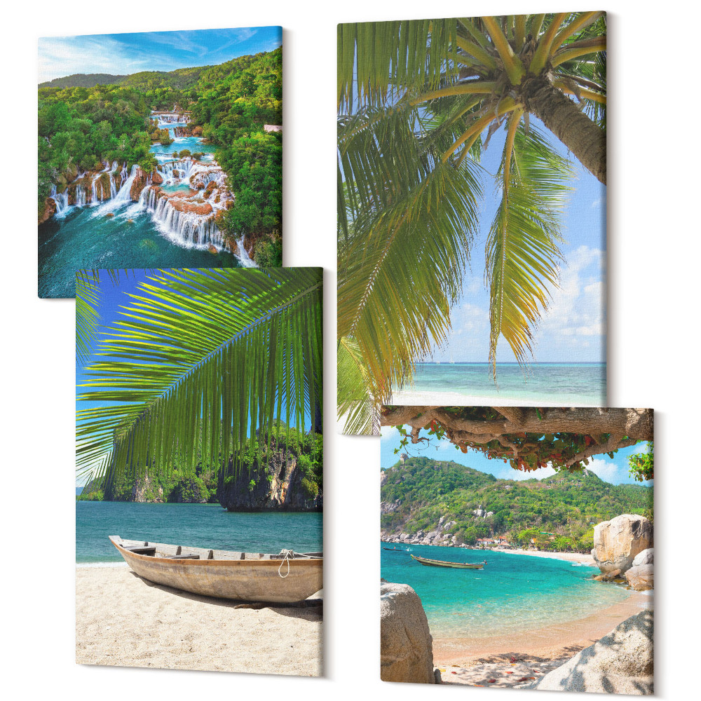 Sada obrazů na zeď kvadryptych Pláž s lodí, vodopády a palmami v tropech