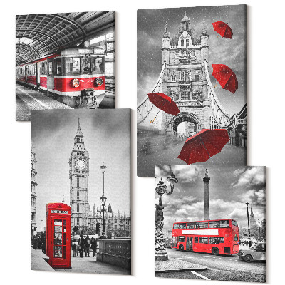 Sada 4 obrazů Červené akcenty a slavné londýnské budovy