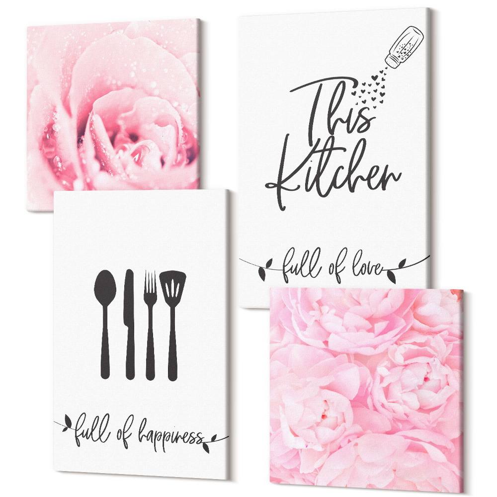 Sada obrazů kvadryptych Kuchyňské nápisy jemné květy růže