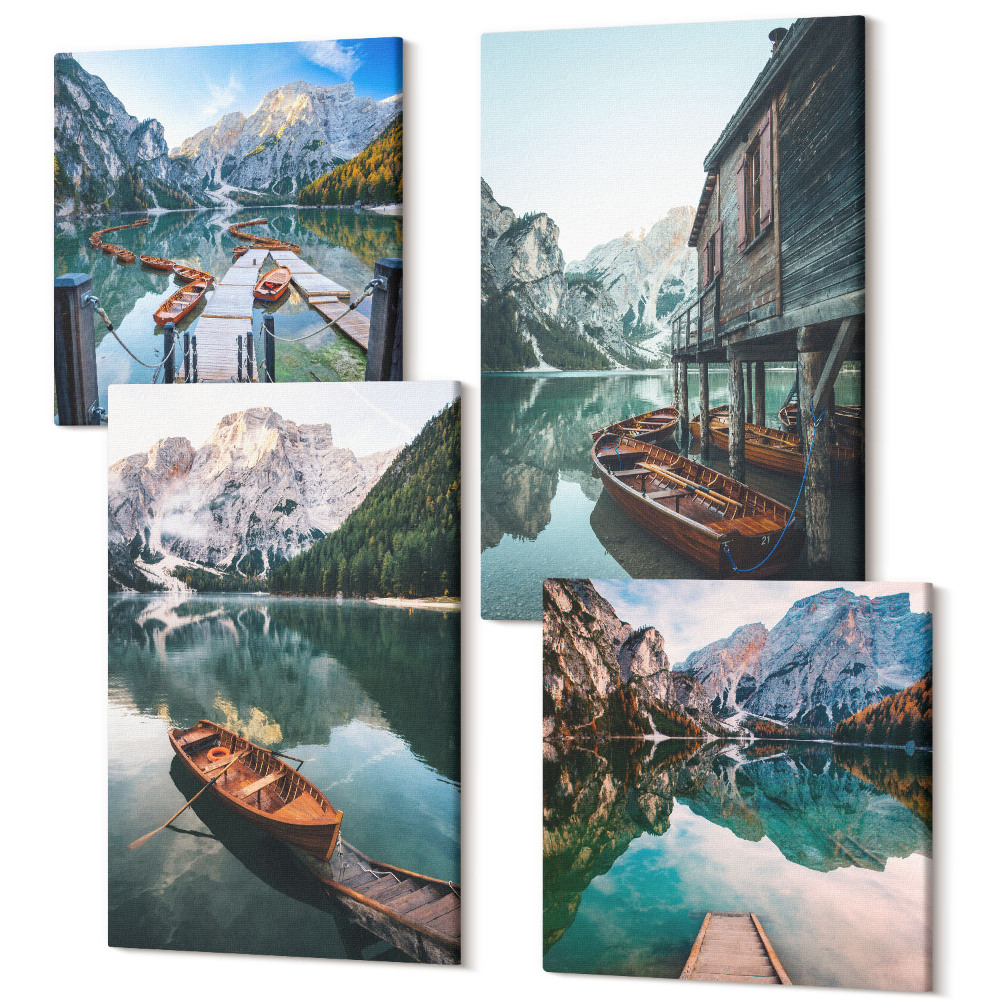 Sada 4 obrazů Jezero v horách s loděmi a dřevěnou chatou