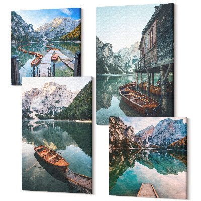 Sada 4 obrazů Jezero v horách s loděmi a dřevěnou chatou