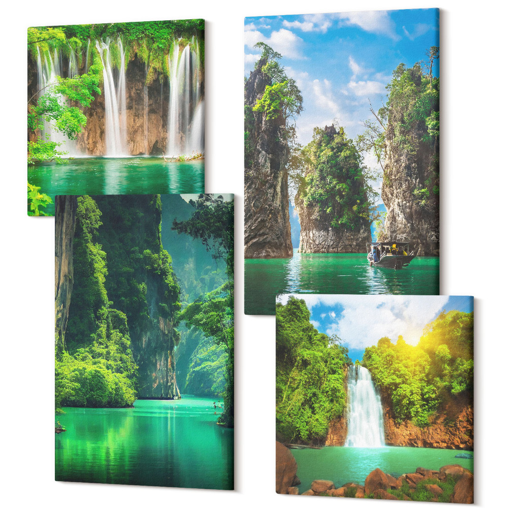 Sada obrazů na zeď kvadryptych Zelené krajiny s vodopády a skalami