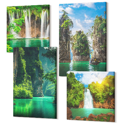 Sada obrazů na zeď kvadryptych Zelené krajiny s vodopády a skalami