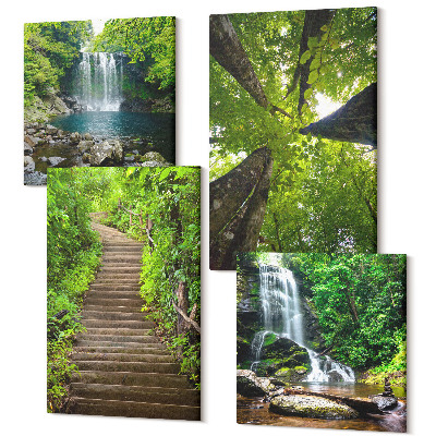 Sada 4 obrazů Lesní cesta s vodopádem a zelenou vegetací