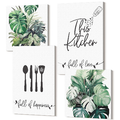 Sada 4 obrazů Kuchyňské náčiní vzory rostlin listy