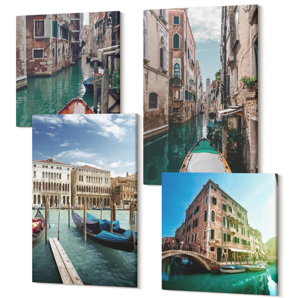Sada obrazů na zeď kvadryptych Pohledy na Benátky s kanály a městskou architekturou
