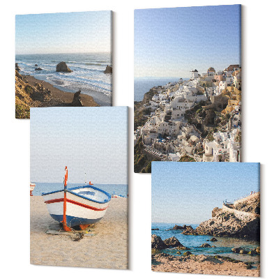 Sada 4 obrazů Výhled na moře s lodí a bílými domy Řecko